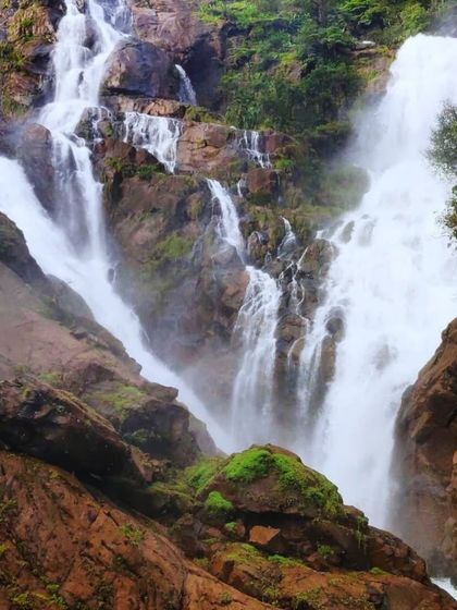 The powerful flow of water gushing through the rocks at Dudhsagar. Our treks get you close enough to feel the energy of the falls.