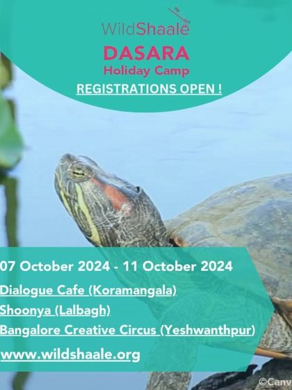 A poster for the "Wild Shaale" Dasara Holiday Camp, an opportunity for kids to connect with nature and learn about wildlife.