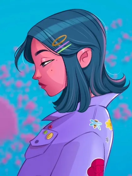 A close-up of my DTIYS challenge entry. I focused on the character's moody expression and the vibrant color palette of pink and blue.