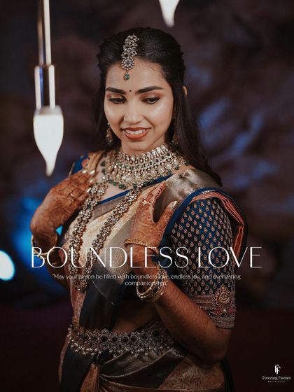A smiling portrait of the bride, titled "Boundless Love," capturing her happiness and radiant look.