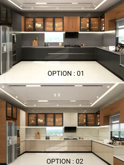 This image presents two distinct color options for the same large kitchen layout, one in a dark, moody grey and the other in a light, airy beige, helping clients visualize and choose.