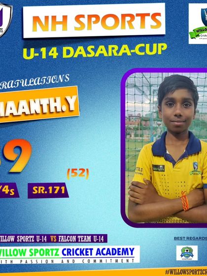 Ishaanth Y. played a crucial knock of 89 runs at a strike rate of 171 in the U-14 Dasara Cup. His aggressive yet controlled batting is a skill we focus on in our advanced training sessions.