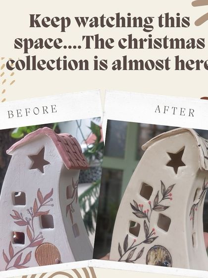 A little before-and-after magic. This image shows how a ceramic house lantern looks before and after the final glaze firing, which adds depth and a rustic finish.