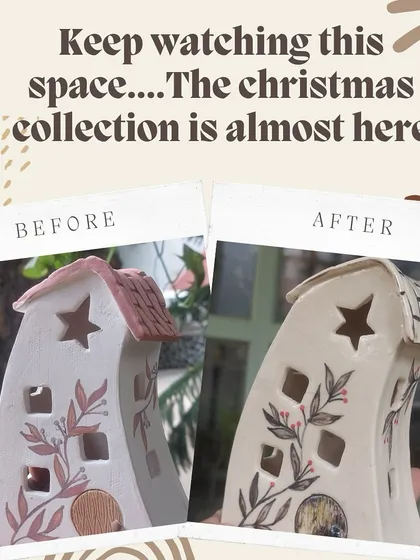 A little before-and-after magic. This image shows how a ceramic house lantern looks before and after the final glaze firing, which adds depth and a rustic finish.