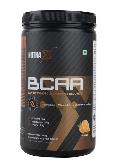 A clean, front-facing shot of the orange-flavored BCAA supplement.