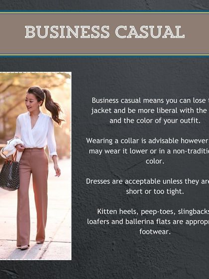 For women, Business Casual offers flexibility while maintaining professionalism. I advise on how to style separates, choose appropriate colors, and select footwear like kitten heels or flats that are both stylish and comfortable for a long day.