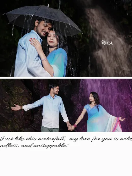 A collage showing a couple under an umbrella during a 'rain shoot' at a waterfall, creating a very romantic and film-like scene.