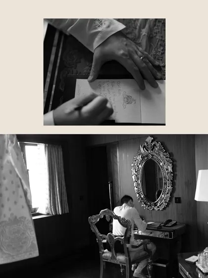 A black and white collage showing the groom writing his vows, capturing the quiet, personal moments of preparation.