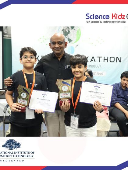 The 2nd prize winners in the junior division at the IIIT Hyderabad make-a-thon. Their success against numerous other teams highlights their strong technical and presentation skills.