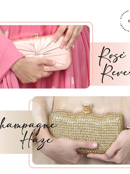 Two classic options for any event. The 'Rose Reverie' is a soft, satin clutch perfect for daytime functions, while the 'Champagne Haze' offers a glittering gold option for evening glam.