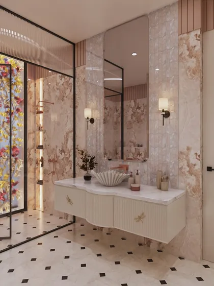 Another view of the main vanity, showing the custom hardware and the way the light dances on the shell-like tiles.