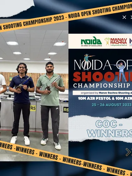 A collage celebrating the winners of the Noida Open Shooting Championship 2023, organized by our academy at the Chandro Tomar Shooting Range.