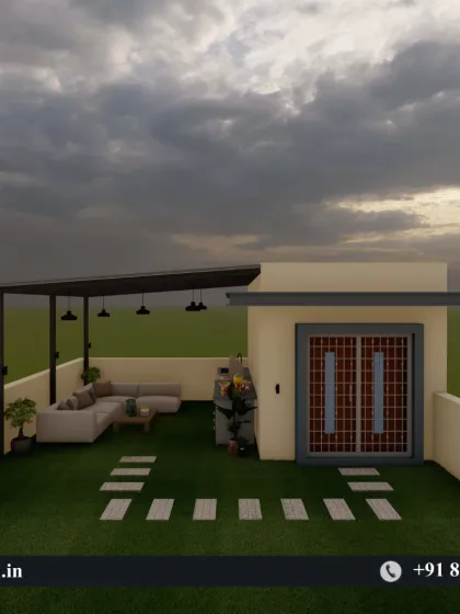 A 3D render of a rooftop lounge with artificial grass, an L-shaped sofa, and a simple, modern pergola.