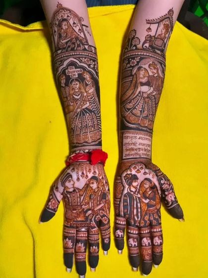 A detailed narrative mehendi showing various wedding rituals. From the doli procession to the couple's ceremony, each element is carefully drawn to create a beautiful story on the arms.
