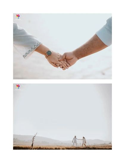 A minimalist collage focusing on the detail of holding hands and a wide shot of the couple walking together, symbolizing their shared path.