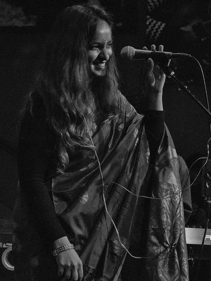 Another black and white photo from our show at Nublu. It captures the intimate and focused atmosphere of a small club performance.