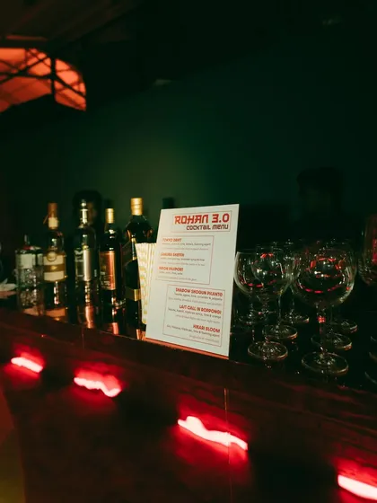 The custom cocktail menu for "Rohan 3.0," displayed at the bar. The drink list had a personal twist, continuing the theme of a celebration that was all about him.