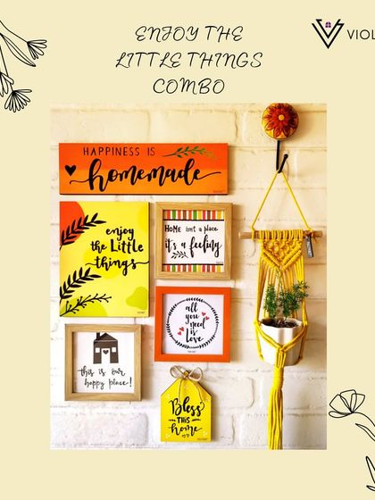 Our 'Enjoy the Little Things' combo is a beautiful wall decor set. It includes hand-doodled wooden planks, colorful glass frames, and a macrame plant hanger, all designed to bring joy to your space.