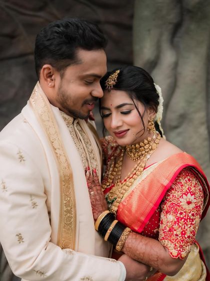 An intimate portrait of the couple. The bride’s soft glam makeup, with its focus on glowing skin, looks beautiful and natural up close.