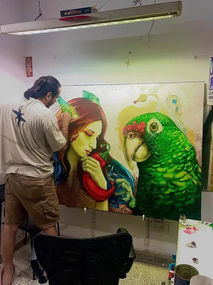 Here I am in my studio, deep in the process of creating a large-scale custom painting. Every piece is a journey, a conversation between the canvas, the paint, and the vision we are bringing to life together.