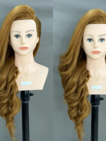 A still image of the one-side curly hairstyle on a mannequin.