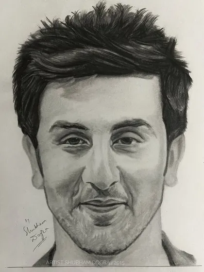 An early pencil portrait of a smiling Ranbir Kapoor. This sketch showcases his classic charm and is a great example of a timeless celebrity portrait.