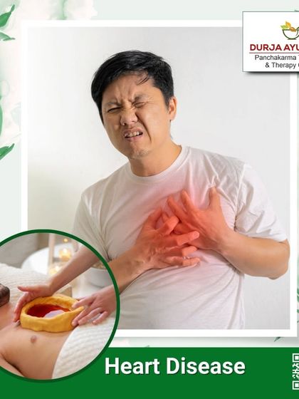 We offer a holistic approach to heart disease. Our treatments combine natural remedies, lifestyle changes, and therapies like Uro Vasti (shown in the inset) to support a healthy heart.