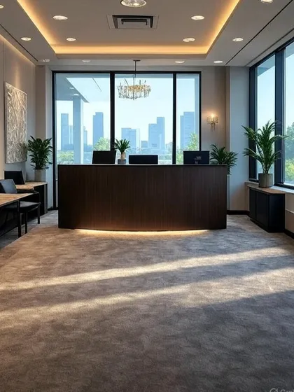A sophisticated office reception or executive area with a dark wood desk and floor-to-ceiling windows offering a city skyline view. The elegant chandelier and plush carpeting add a touch of luxury.