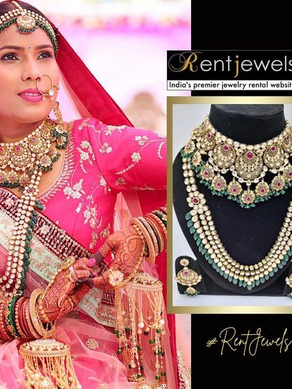 A real RentJewels bride looking magnificent. She chose a designer Kundan bridal necklace with touches of green and ruby to create a truly royal look on her wedding day.