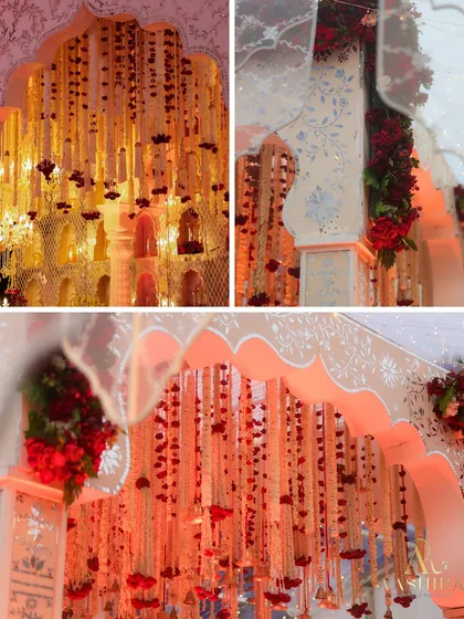 A collage detailing the floral work, from the hanging tuberose garlands dotted with red roses to the arrangements accenting the custom architectural structures.
