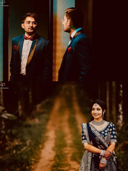 A collage showing individual portraits of the couple before their wedding. The groom's portraits are moody and classic, while the bride's portrait in the forest path is soft and romantic.