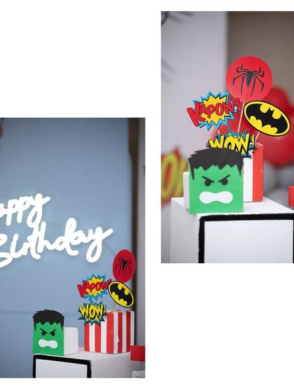 Details from the superhero party, including a 'Happy Birthday' neon sign and a Hulk-themed prop.