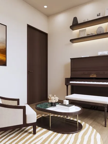 A cozy study area featuring a piano and a comfortable armchair. The render creates a warm and inviting space for music and reading.