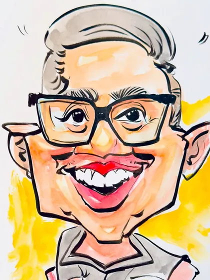 A detailed look at a colorful caricature created at a WeWork event. The bright colors and exaggerated smile perfectly match the fun and creative atmosphere.