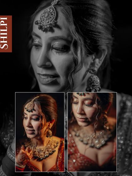 A beautiful collage focusing on the bride, Shilpi. The mix of color and monochrome shots emphasizes her stunning jewelry and the emotion in her expressions.