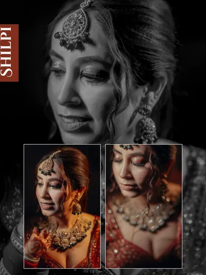 A beautiful collage focusing on the bride, Shilpi. The mix of color and monochrome shots emphasizes her stunning jewelry and the emotion in her expressions.
