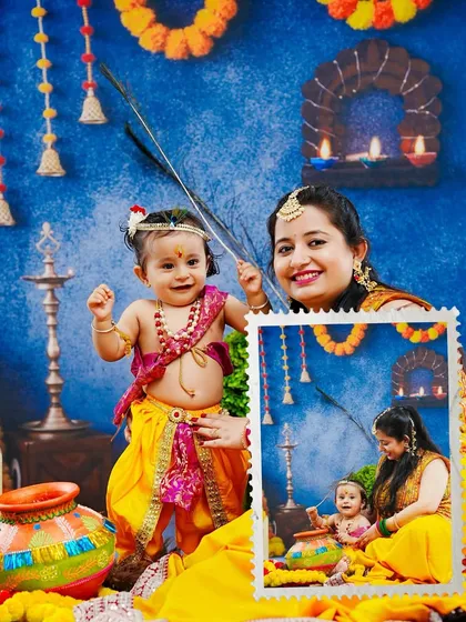 A playful interaction between mother and child during our Janmashtami mini-shoot, creating a cherished memory of the festival.