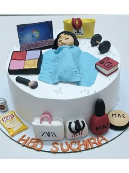 A cake that captures all of someone's favorite things. This fresh pineapple cake is decorated with fondant toppers representing work, makeup, gym, and shopping.