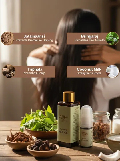 My Ayurvedic hair oil is a blend of powerful herbs, each with a specific purpose. Here you can see Jatamaansi to help with premature greying, Bhringraj to stimulate growth, Triphala for scalp nourishment, and Coconut Milk to strengthen roots.