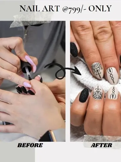 This before and after showcases a bold transformation to a matte black and nude set with intricate mandala-style art.