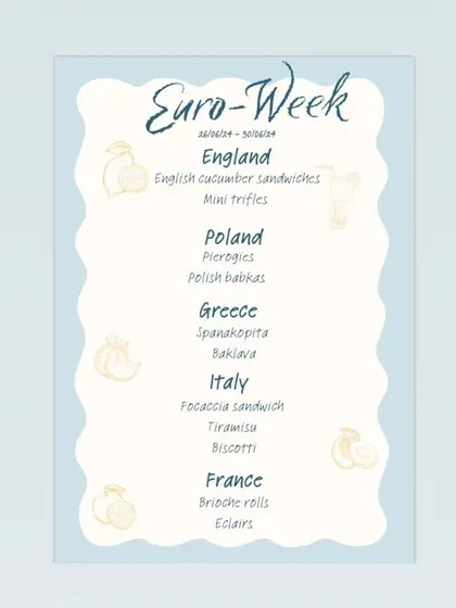 Announcing one of my "Euro-Week" menus. For this event, I featured classic savory and sweet dishes from England, Poland, Greece, Italy, and France, all available for pre-order.