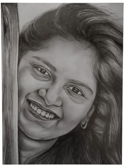 A commissioned graphite pencil sketch capturing a bright, happy smile. This is a perfect example of how a simple photograph can be turned into a cherished piece of hand-drawn art, ideal for a personal gift.