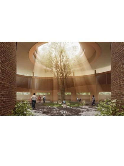 A rendering of a central courtyard featuring a large tree under a circular skylight. This space is envisioned as a tranquil heart for the campus, blending nature with the built environment.