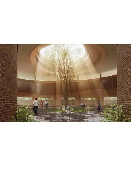 A rendering of a central courtyard in the Piramal School, where a large tree grows under a circular skylight, creating a spiritual and communal heart.