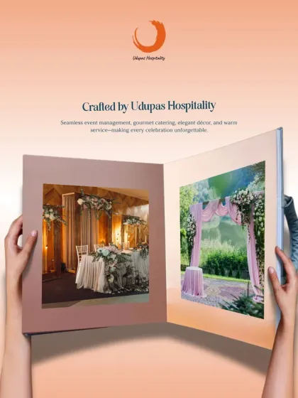 We craft celebrations that leave lasting impressions. This creative graphic shows an open book with images of our elegant wedding decor, symbolizing our role in scripting your unforgettable event story.