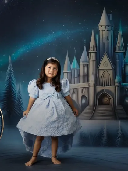Every child deserves to feel like royalty in their own fairy tale. With this magical castle backdrop, I can transform your little one into their favorite princess, like Elsa in her starlit kingdom.