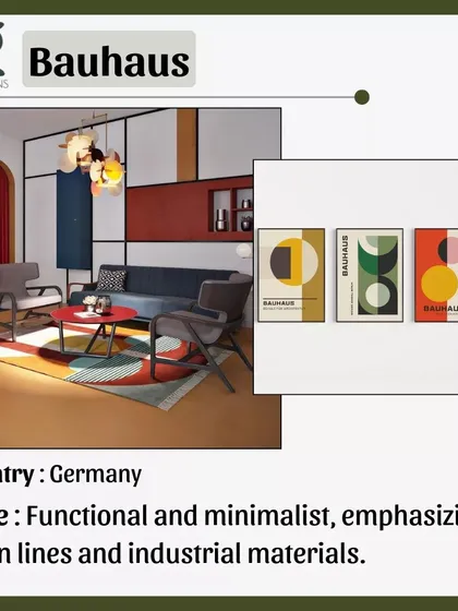 Originating from Germany, the Bauhaus style is functional and minimalist. It emphasizes clean, geometric lines, primary colors, and the use of industrial materials like steel, glass, and concrete.