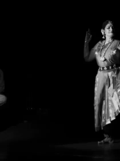 A black and white photograph from my performance at Krishna Gana Sabha in Chennai. The stark contrast highlights the form of the dancer and the quiet presence of the violinist, capturing the mood of the Marghazhi season.