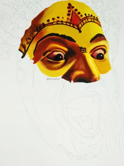 Progress on the 'Kantara' piece. I've established the upper part of the face, focusing on the intense gaze and the traditional headwear.