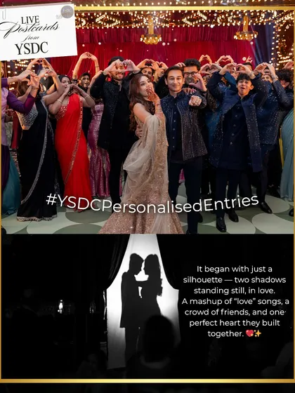 A romantic entry beginning with just a silhouette of the couple behind a curtain. This builds anticipation before the grand reveal, set to a mashup of love songs.